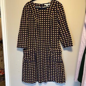 Navy bird print corduroy dress